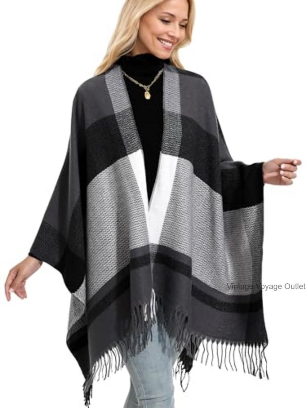 Women's Winter Check Poncho Shawl Wrap with Tassels Acrylic Pashmina